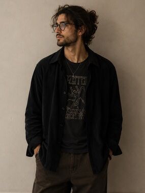 Vintage 80sMen's Black  shirt Jacket vintage y‎ clouds brand .retro chic suede